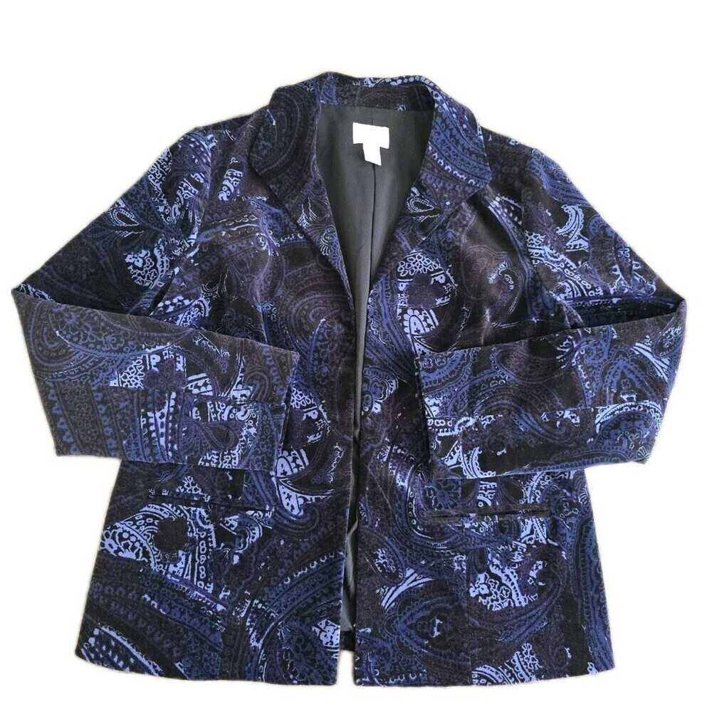 Chico's Velvet Paisley Jacket Womens Medium Blue Black Open Front Blazer - Picture 11 of 11